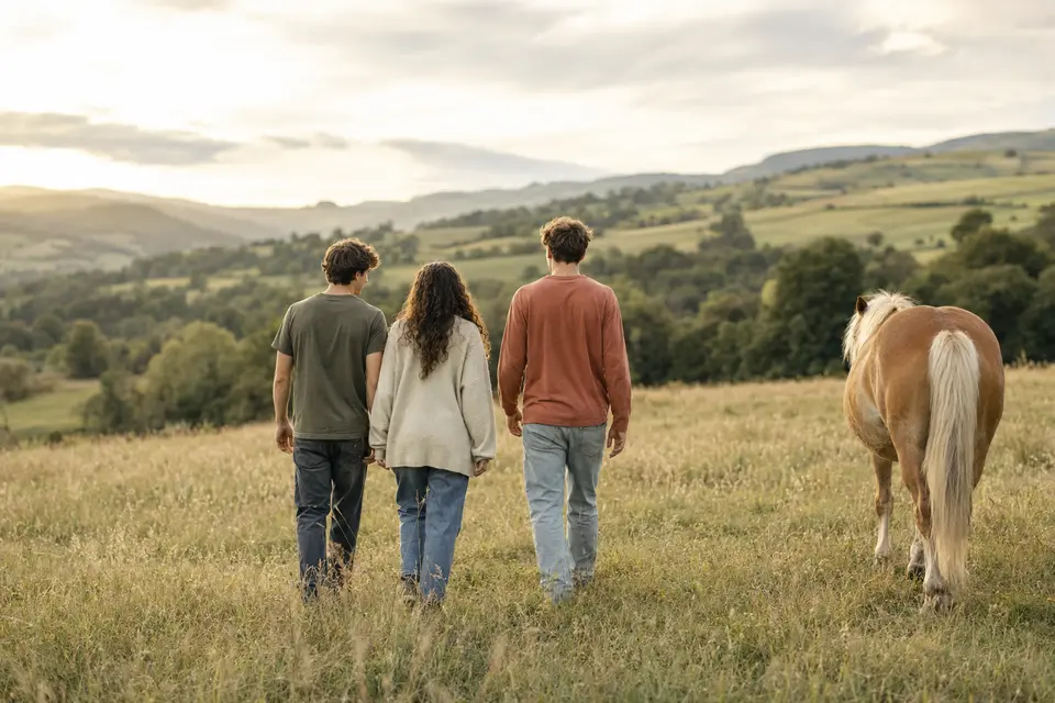 Sfeerbeeld van jongeren en een paard in het landschap